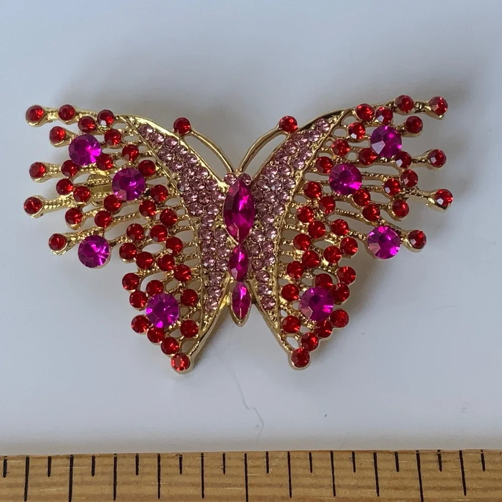 Large Sparkling Fuchsia & Red Crystal Butterfly Brooch Pin Gold Tone Gift Bag